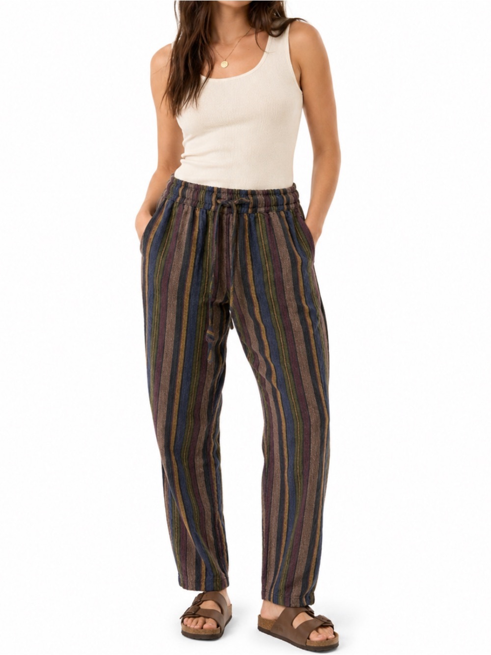 Earthbound Granola Hippie Striped Relaxed Cotton Pull On Pants Boho Festival | M